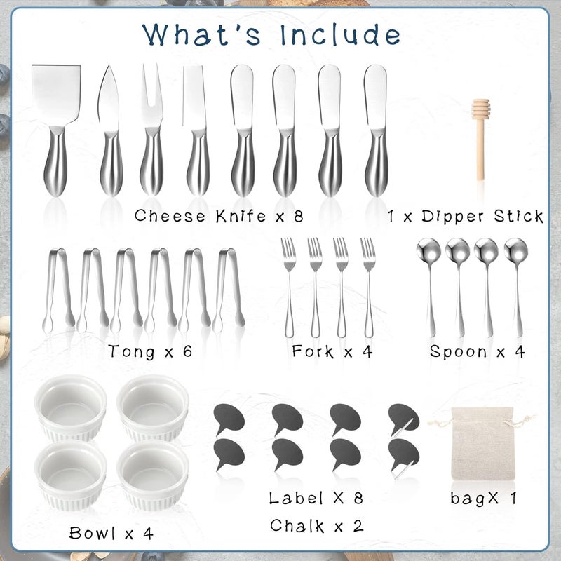 Raiten 38 Pcs Summer Charcuterie Board Accessories Utensils Include Cheese Knife Set Bowls Cheese Markers Serving Tongs Spoons and Forks Honey Dipper for Butter Cheese and Pastry Making (Silver) - Image 3